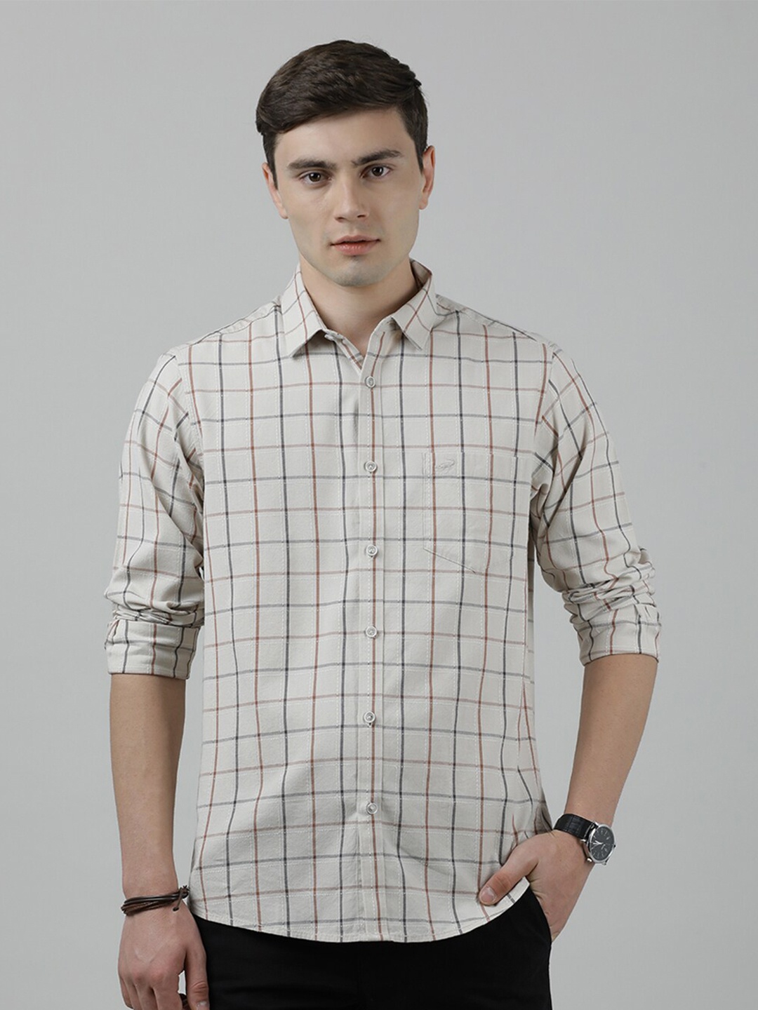 

Crocodile Checked Cotton Casual Shirt, Beige