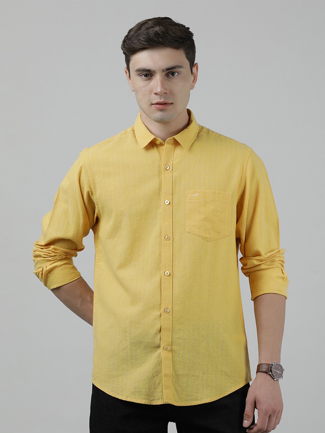 

Crocodile Vertical Striped Opaque Casual Cotton Shirt, Yellow