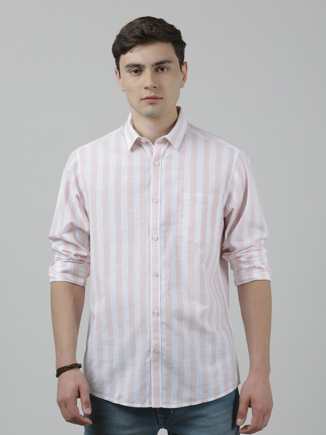 

Crocodile Vertical Striped Casual Cotton Shirt, Pink