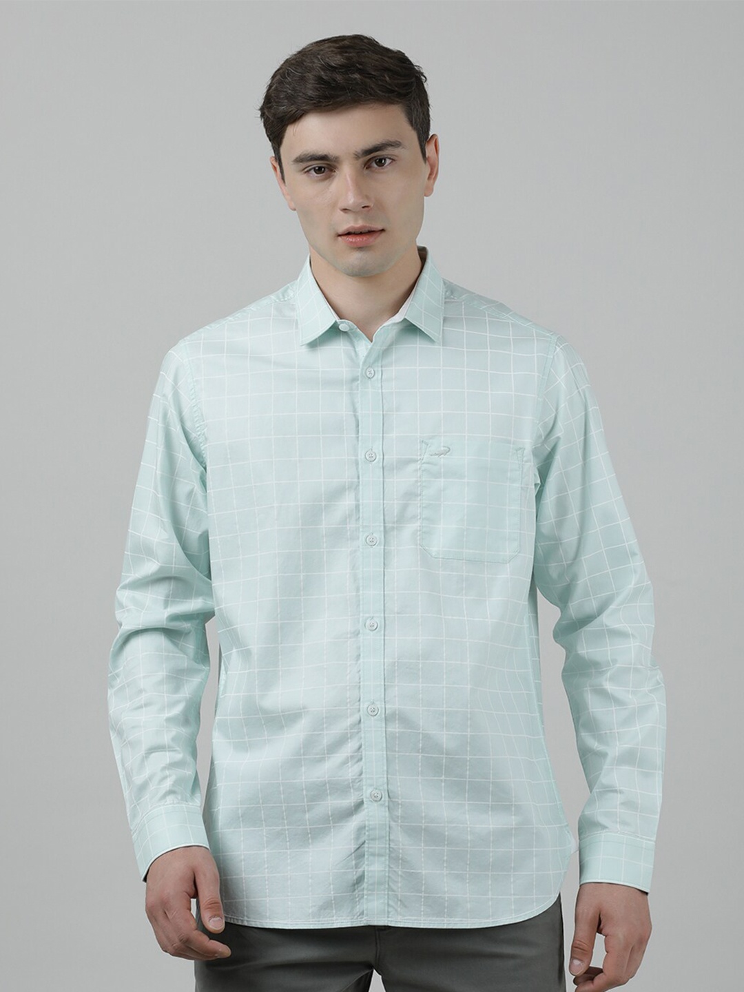 

Crocodile Grid Tattersall Checks Cotton Casual Shirt, Sea green