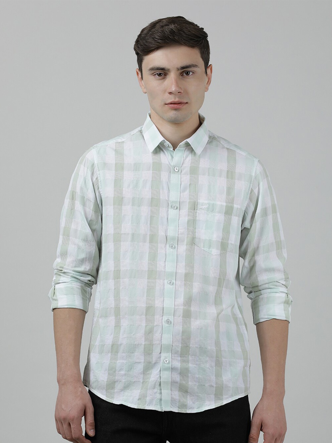 

Crocodile Tartan Checked Opaque Casual Cotton Shirt, Green