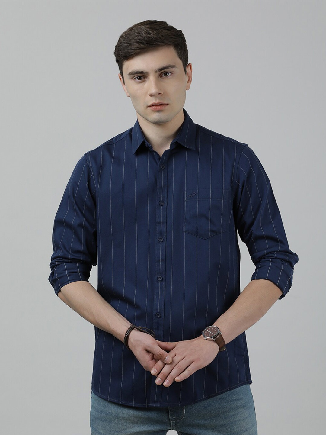 

Crocodile Striped Slim Fit Cotton Casual Shirt, Navy blue