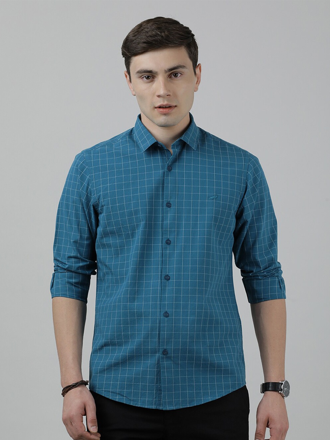 

Crocodile Slim Fit Tattersall Checked Opaque Casual Shirt, Teal