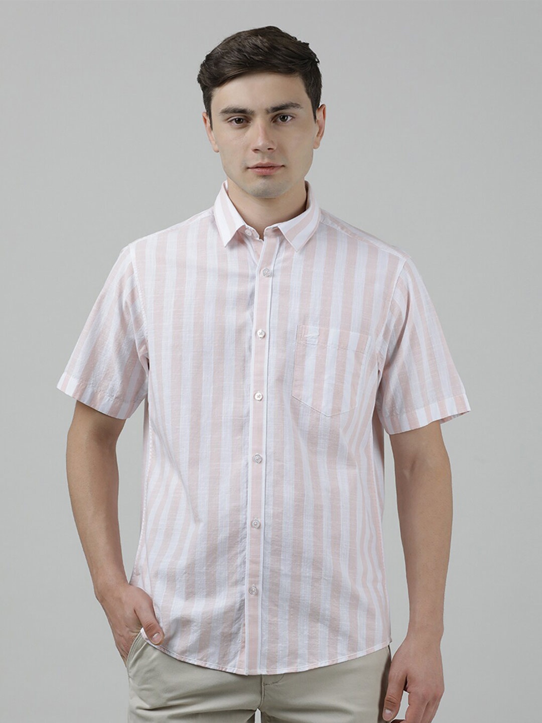 

Crocodile Vertical Striped Opaque Striped Casual Cotton Shirt, Pink