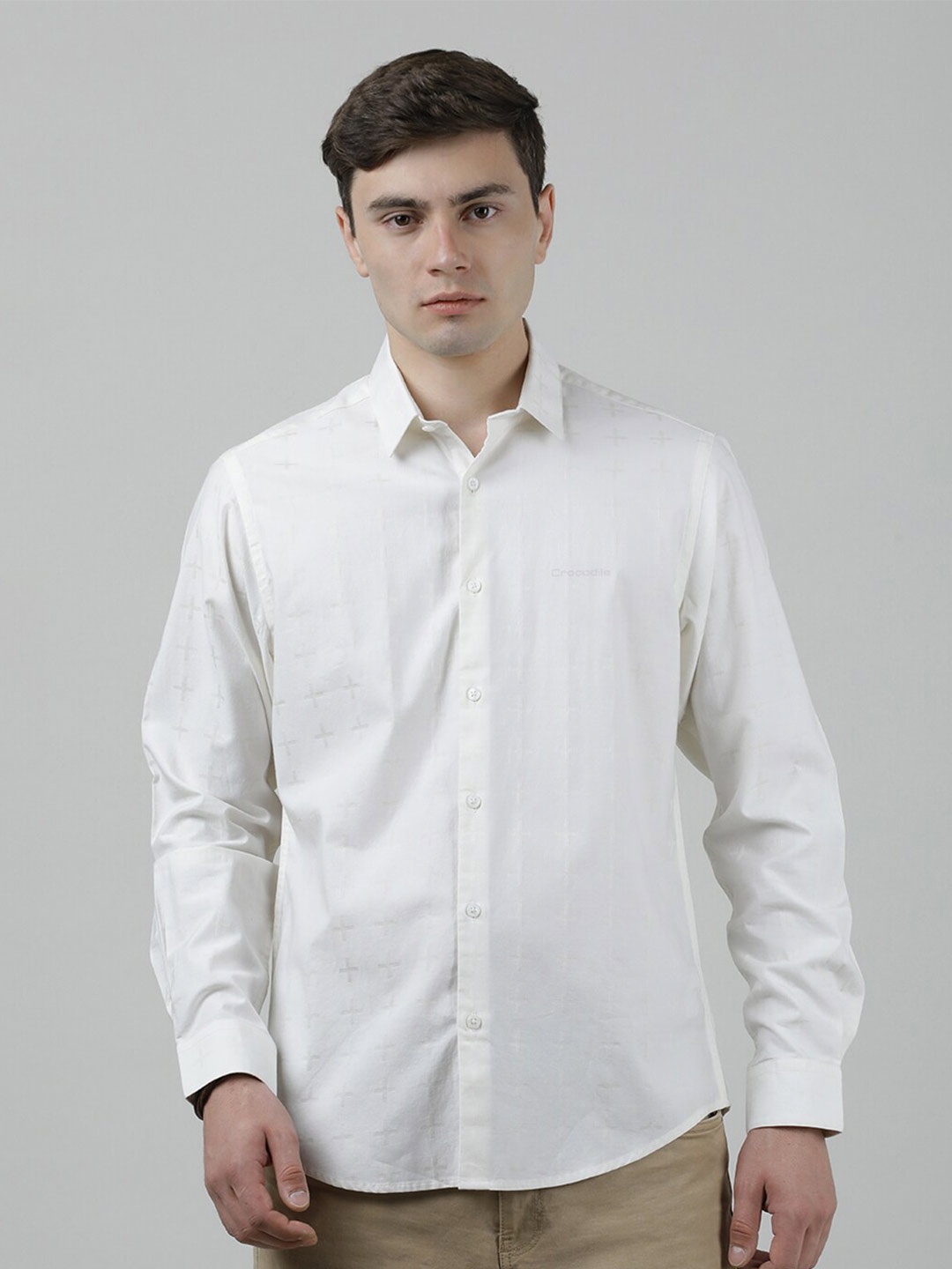 

Crocodile Geometric Printed Opaque Casual Cotton Shirt, White