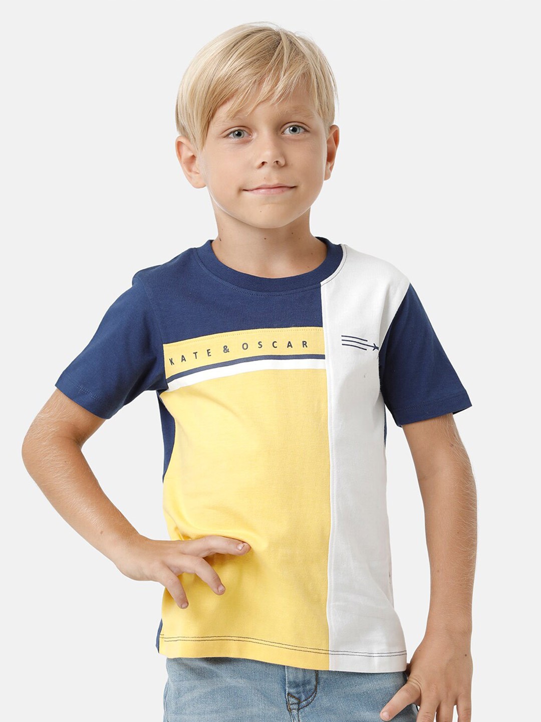 

KATE & OSCAR Boys Colourblocked Pure Cotton T-shirt, Blue