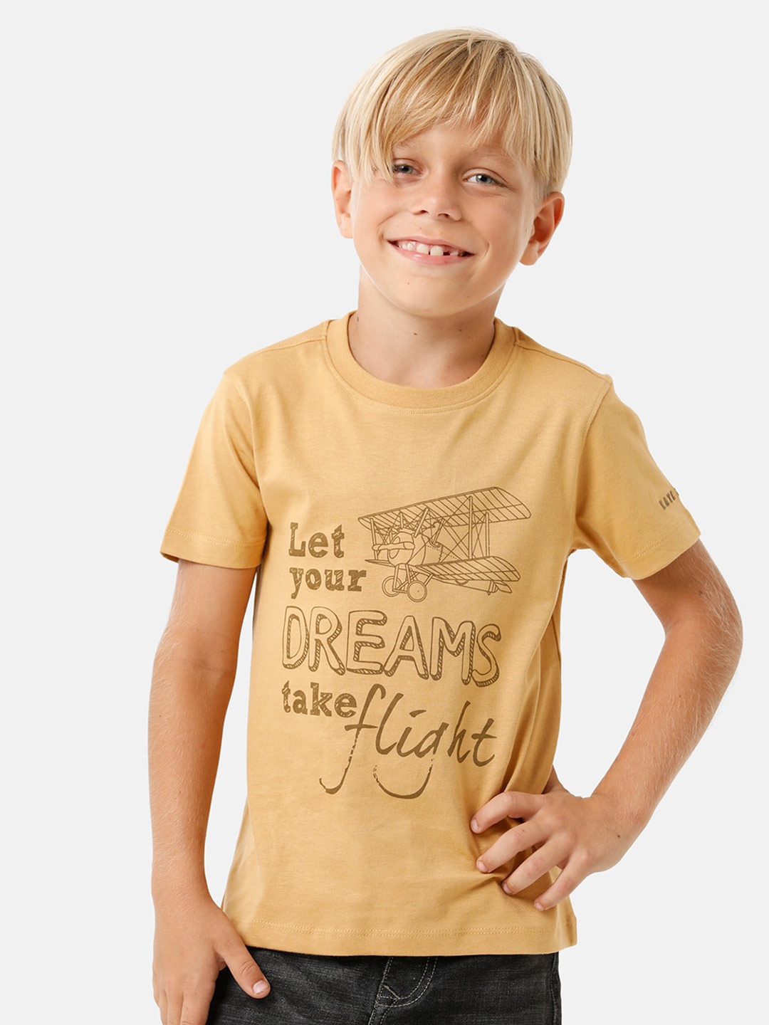 

KATE & OSCAR Boys Typography Round Neck Pure Cotton T-shirt, Gold