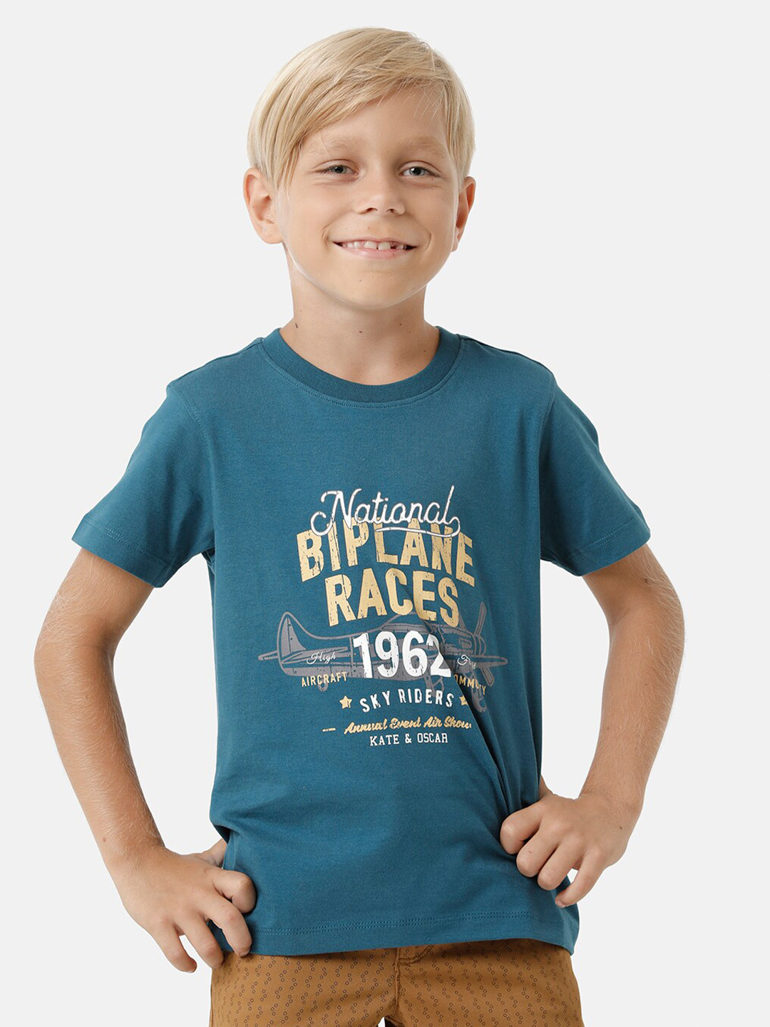 

KATE & OSCAR Boys Typography Printed Pure Cotton T-shirt, Teal