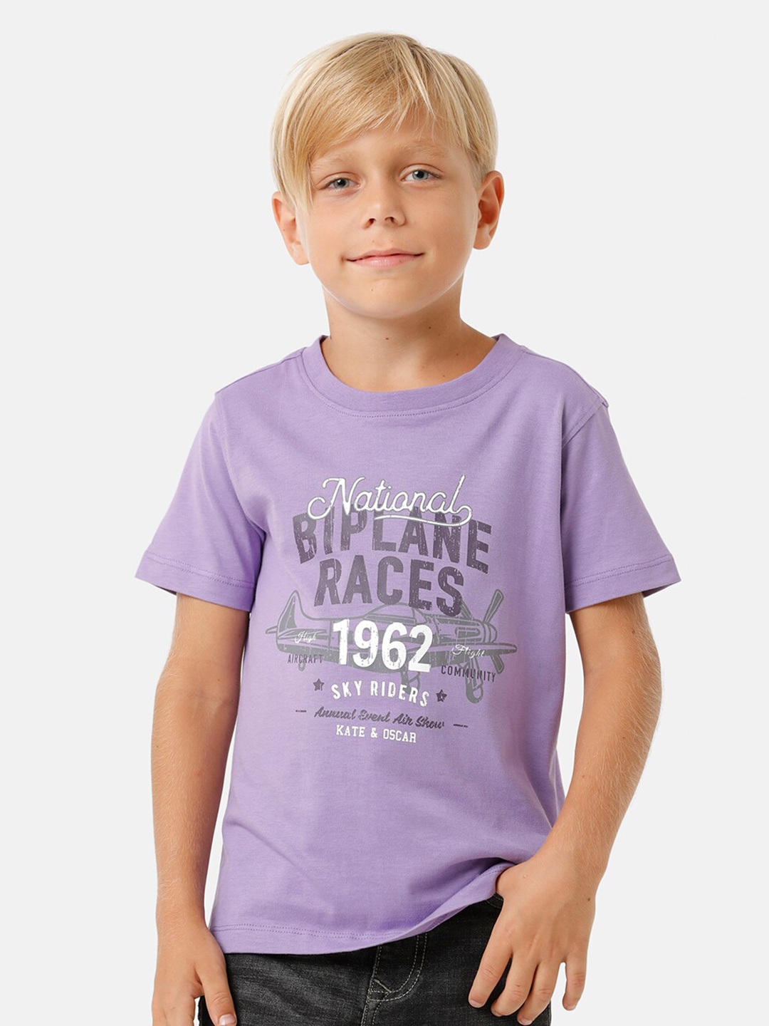 

KATE & OSCAR Boys Typography Printed Pure Cotton T-shirt, Purple