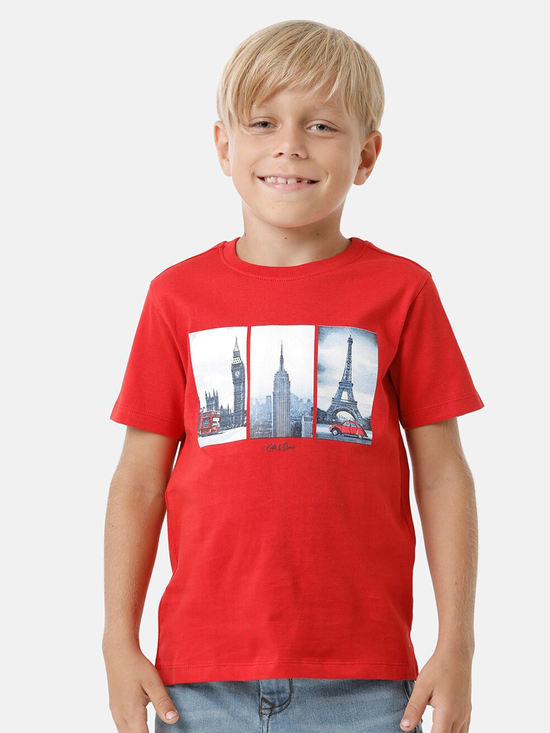 

KATE & OSCAR Boys People & Place Printed Round Neck Pure Cotton T-shirt, Red