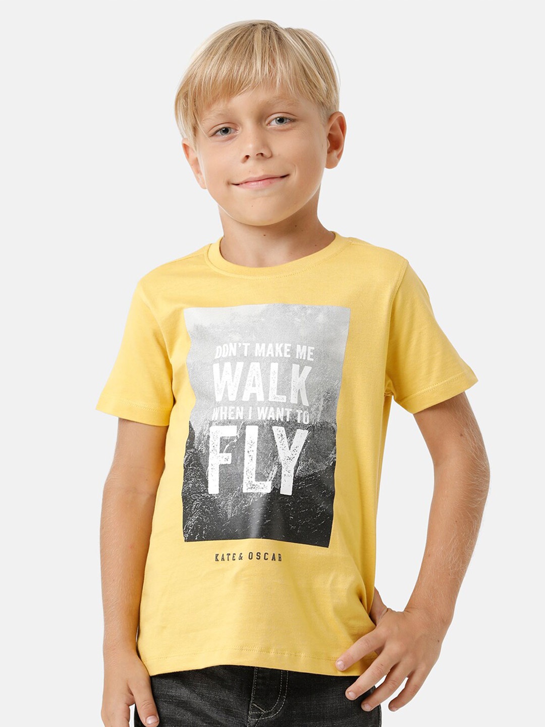 

KATE & OSCAR Boys Graphic Printed Half Sleeve Pure Cotton T-shirt, Yellow