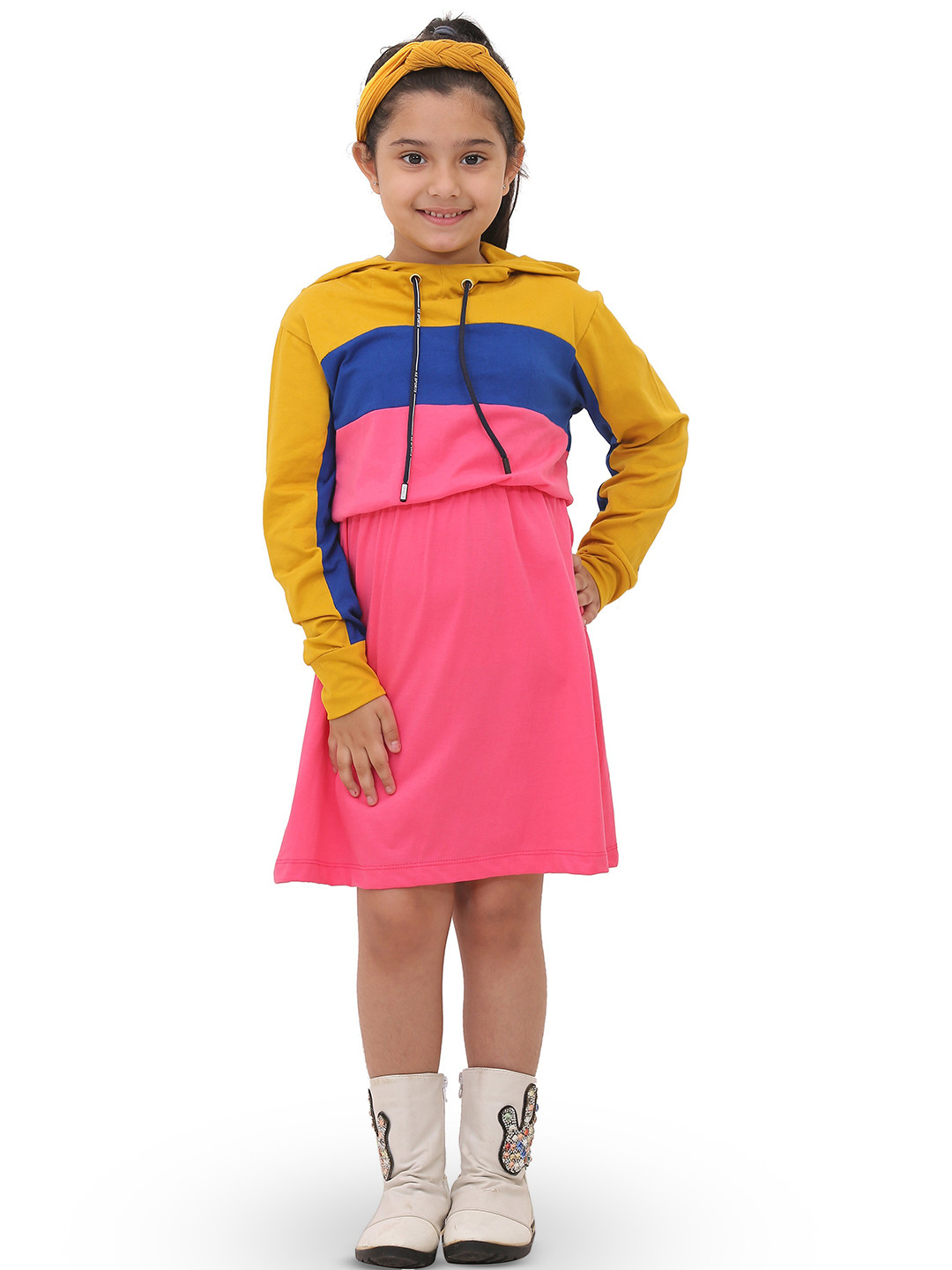 

SmartRAHO Girls Colourblocked Hooded T-Shirt Dress, Pink