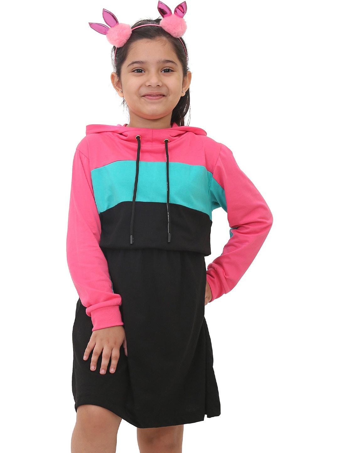 

SmartRAHO Girls Colourblocked Hooded T-Shirt Dress, Black