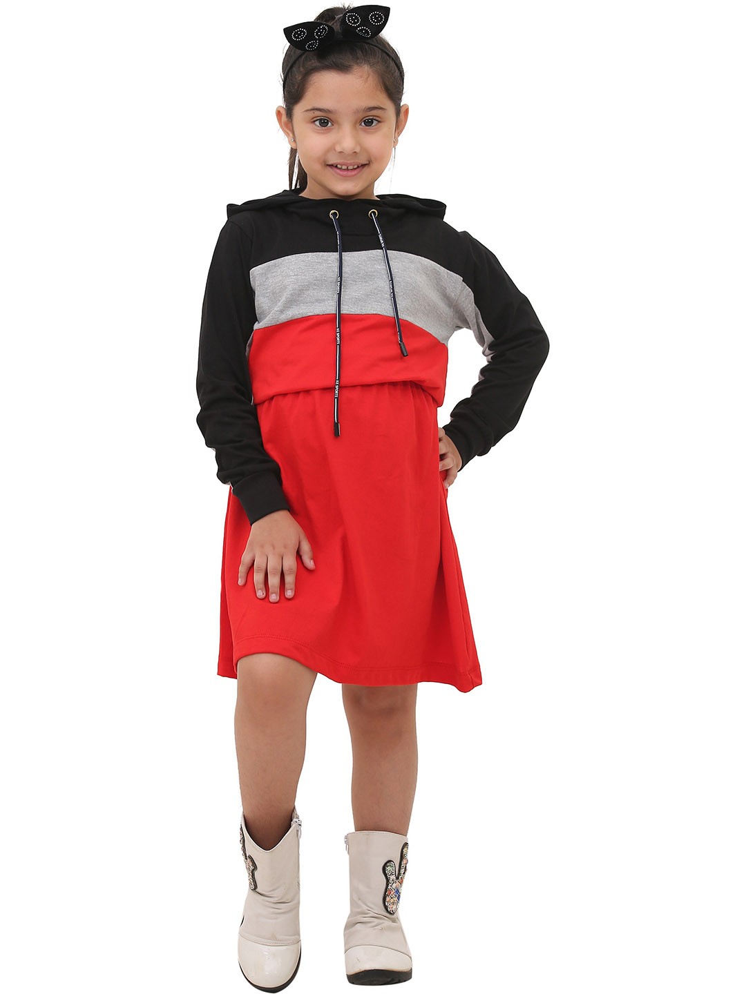 

SmartRAHO Girls Colourblocked Hooded T-Shirt Dress, Red
