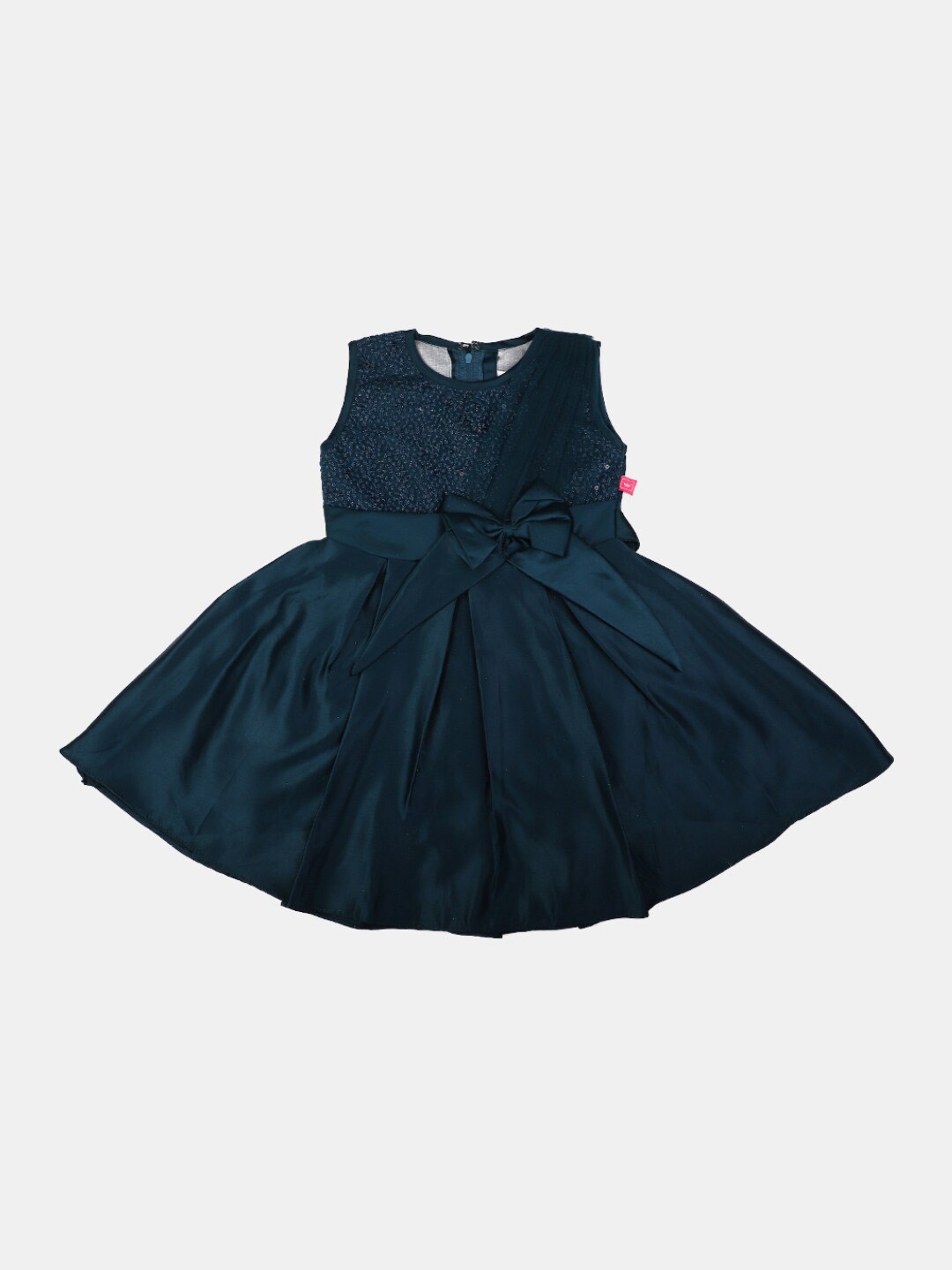 

V-Mart Girls Round Neck Sequined Satin Fit & Flare Dress, Teal