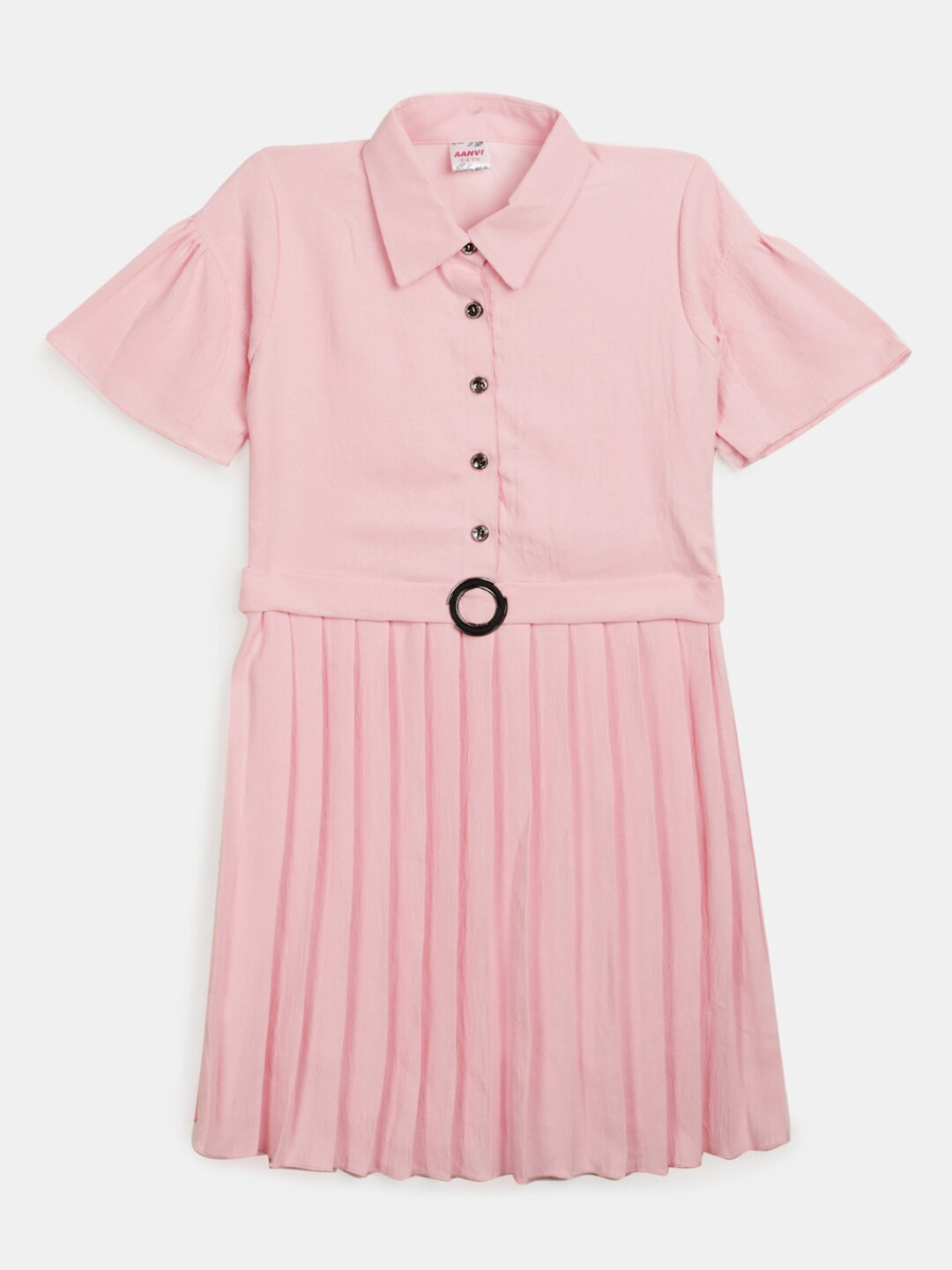 

V-Mart Girls Round Neck Accordion Pleats Cotton Fit & Flare Dress, Pink