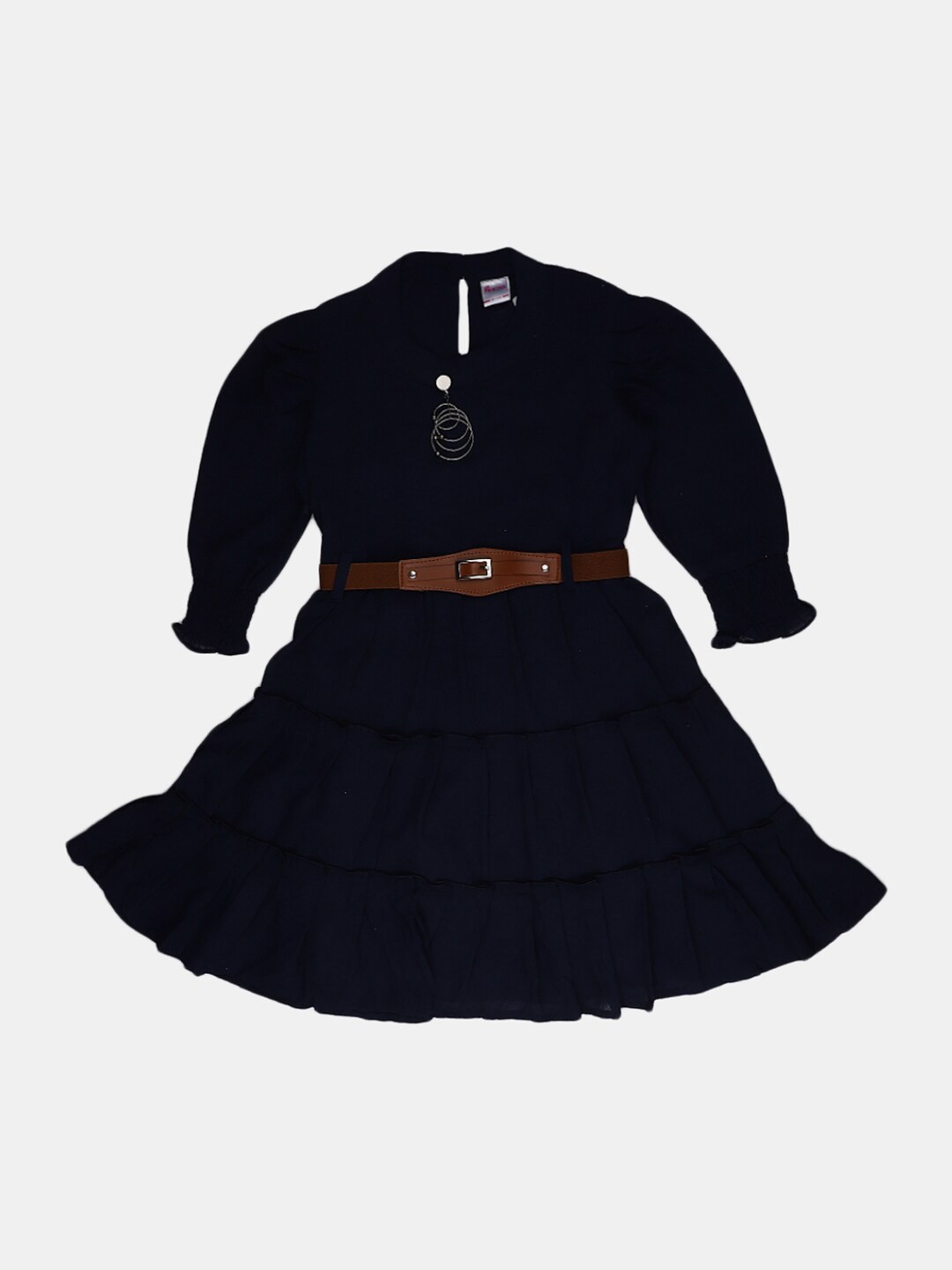 

V-Mart Girls Round Neck Tiered Cotton A-Line Dress With Belt, Navy blue