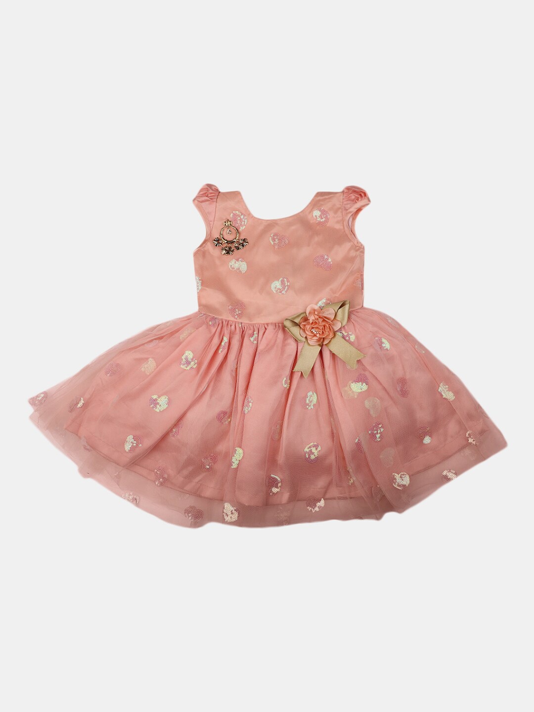 

V-Mart Girls Round Neck Sequined Cotton Fit & Flare Dress, Peach
