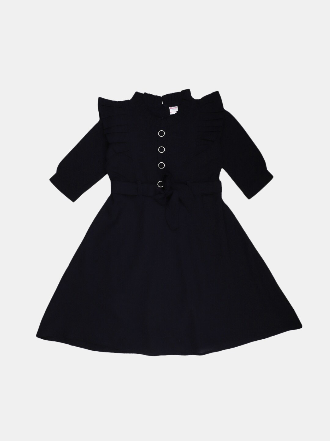 

V-Mart Girls Round Neck Ruffles Cotton A-Line Dress With Belt, Navy blue