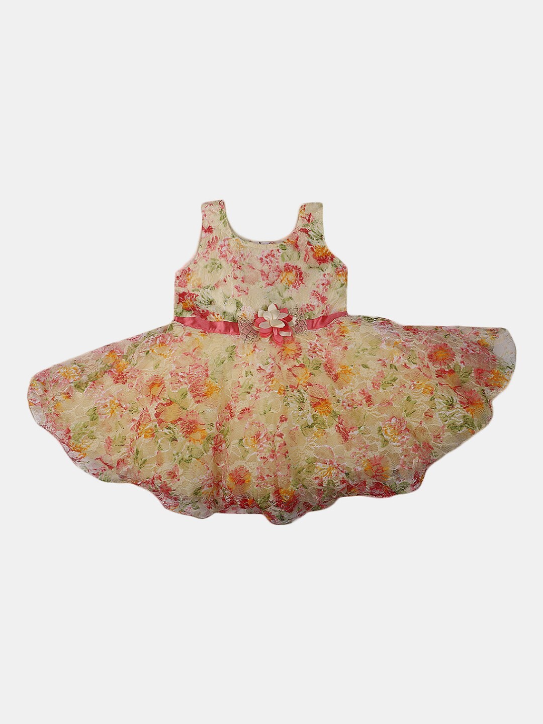 

V-Mart Girls Round Neck Floral Printed Cotton Fit & Flare Dress, Cream