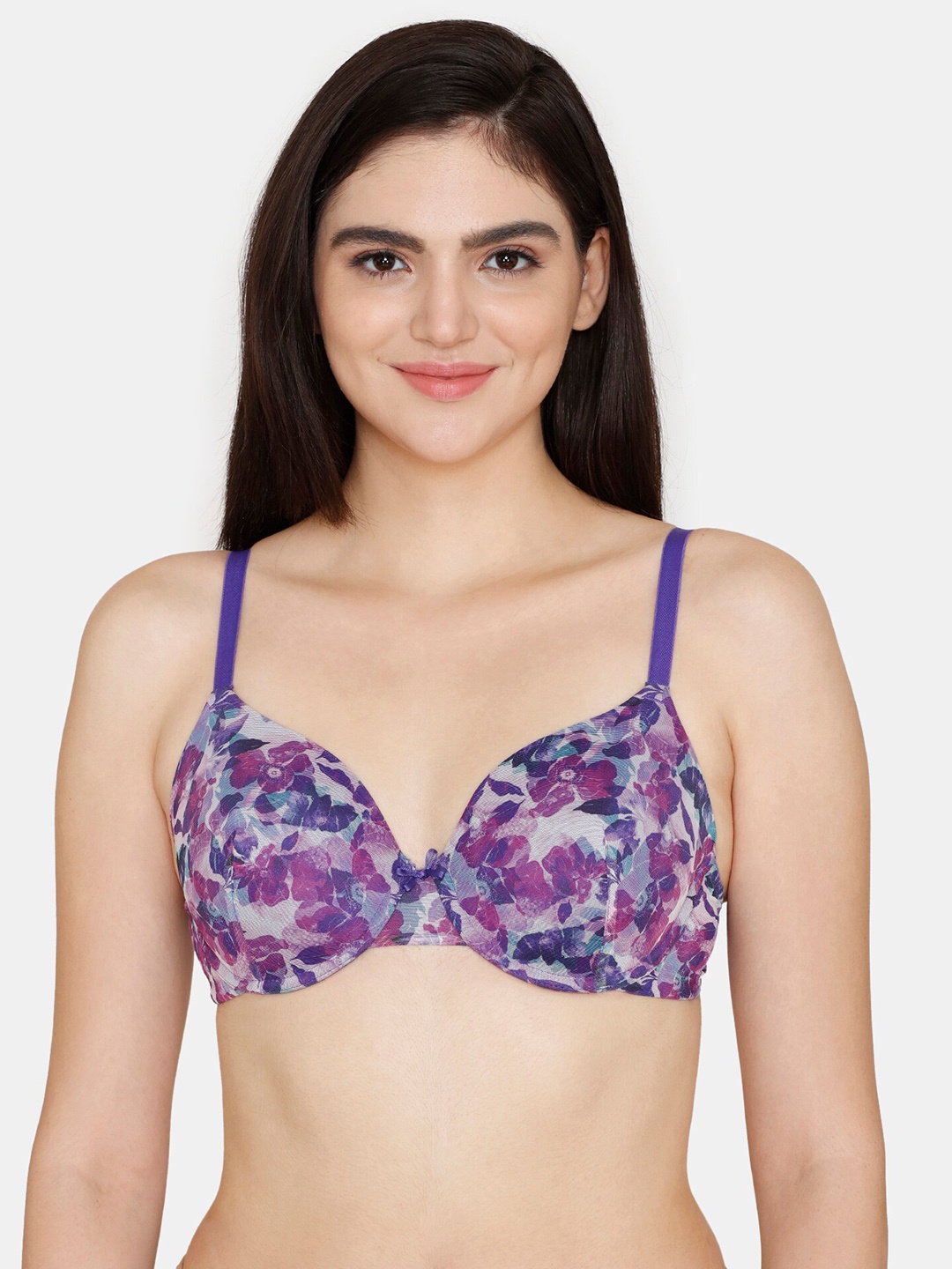 

Zivame Floral Printed Underwired Lightly Padded All Day Comfort Seamless Bra, Purple