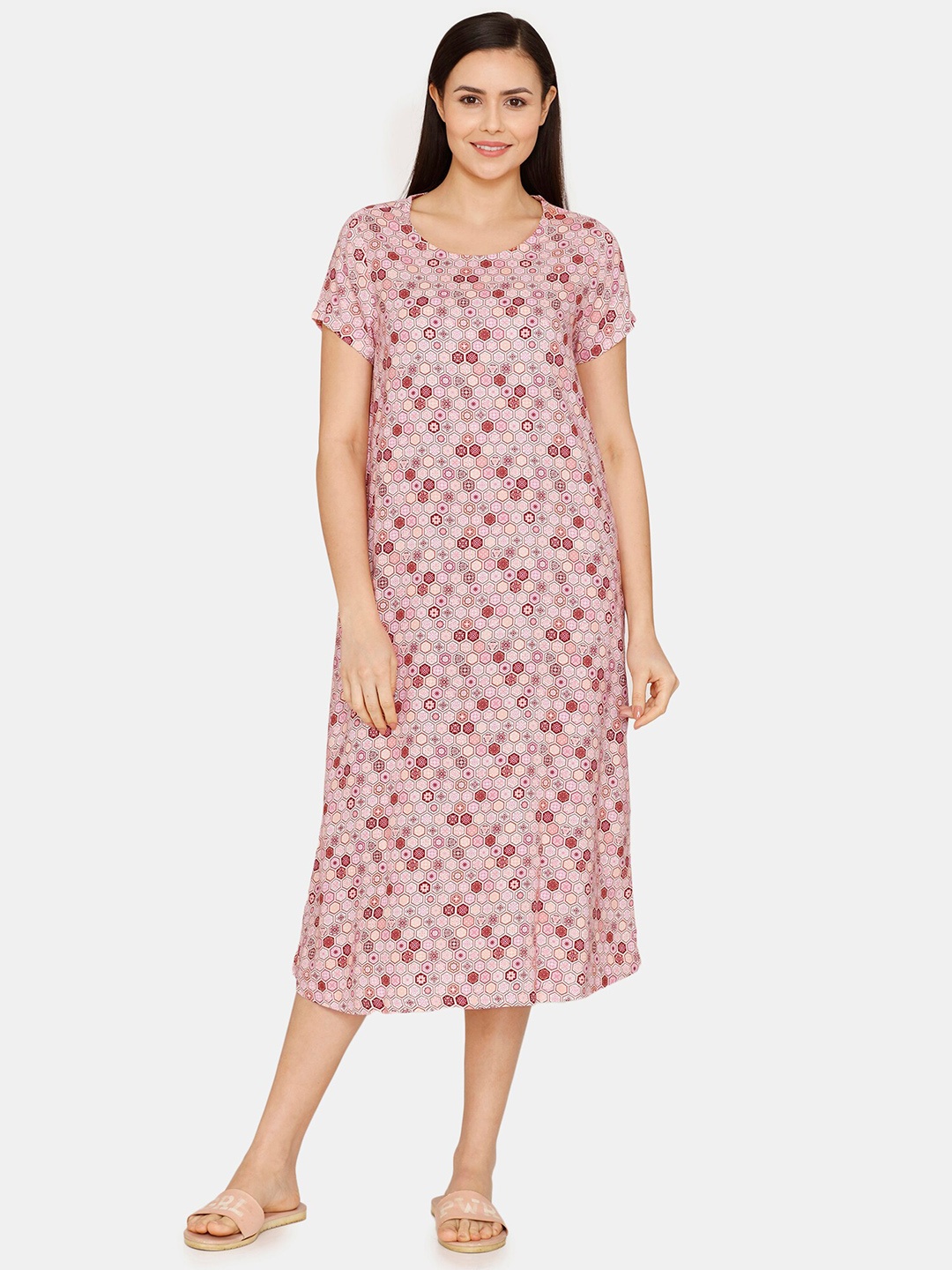 

Zivame Geometric Printed Midi Nightdress, Red