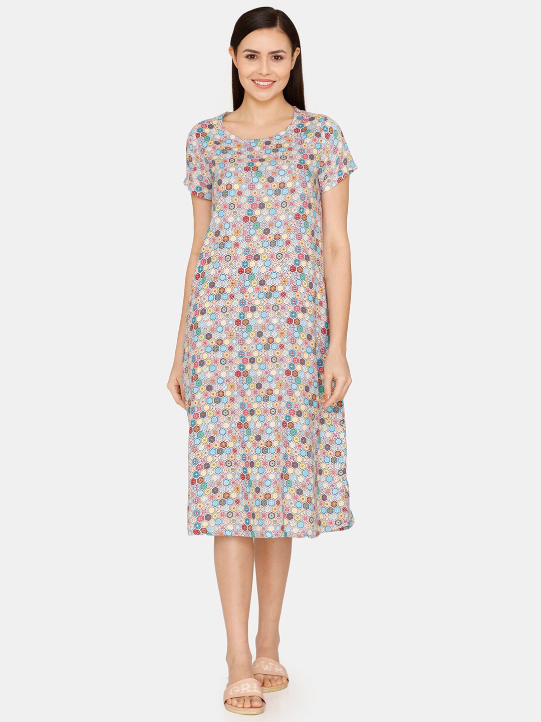 

Zivame Geometric Printed Midi Nightdress, Blue