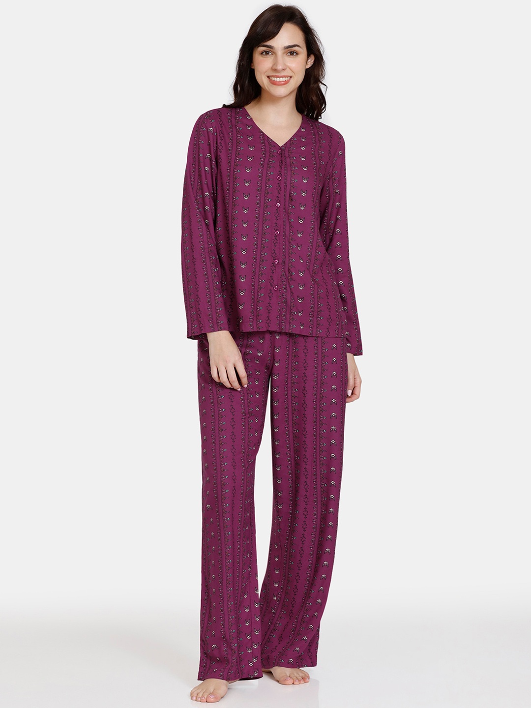 

Zivame Ethnic Motifs Printed Night Suit, Purple