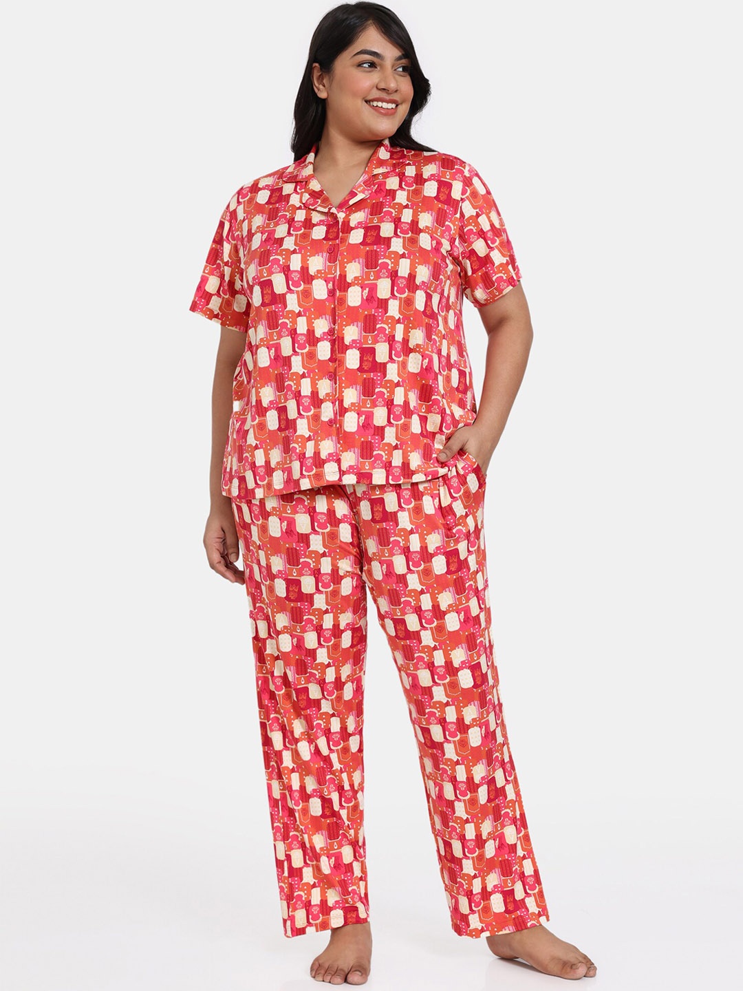 

Zivame Ethnic Motifs Printed Night Suit, Red