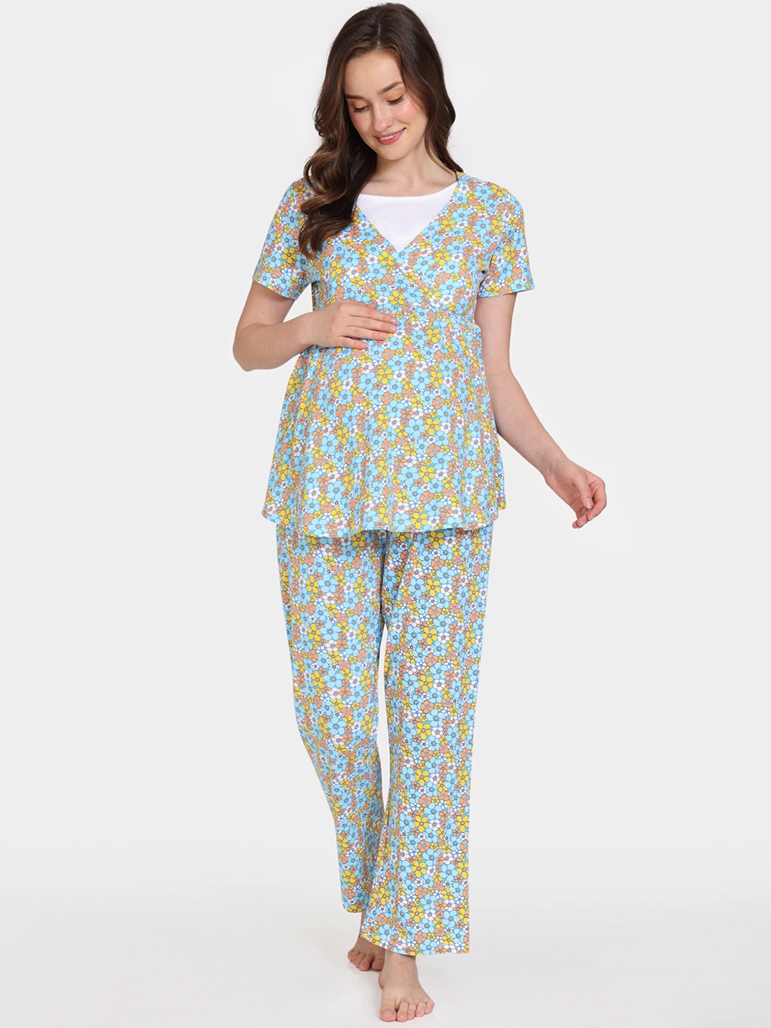 

Zivame Floral Printed Pure Cotton Maternity Night Suit, Blue