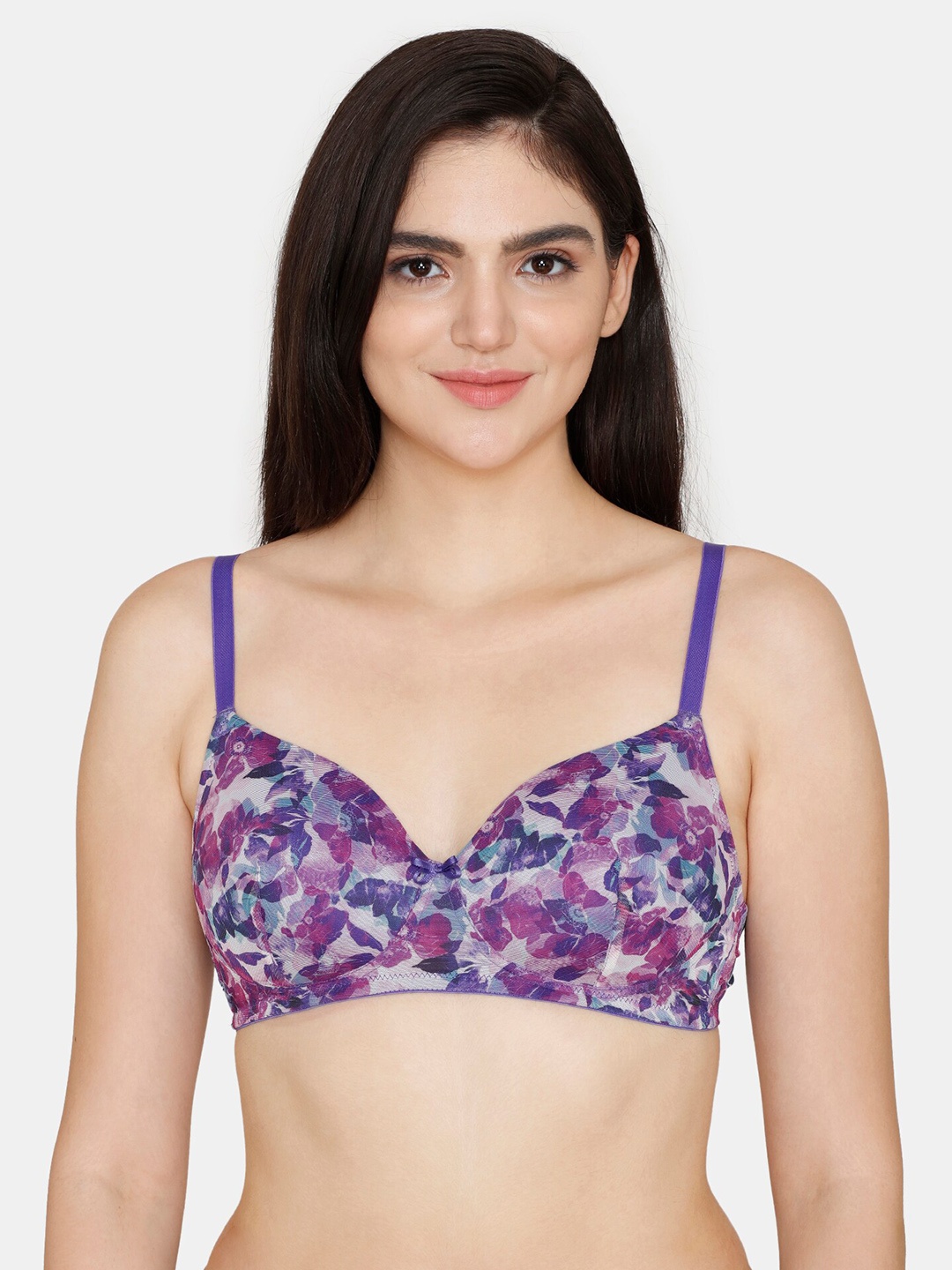 

Zivame Floral Printed Underwired Lightly Padded All Day Comfort Seamless Bra, Purple