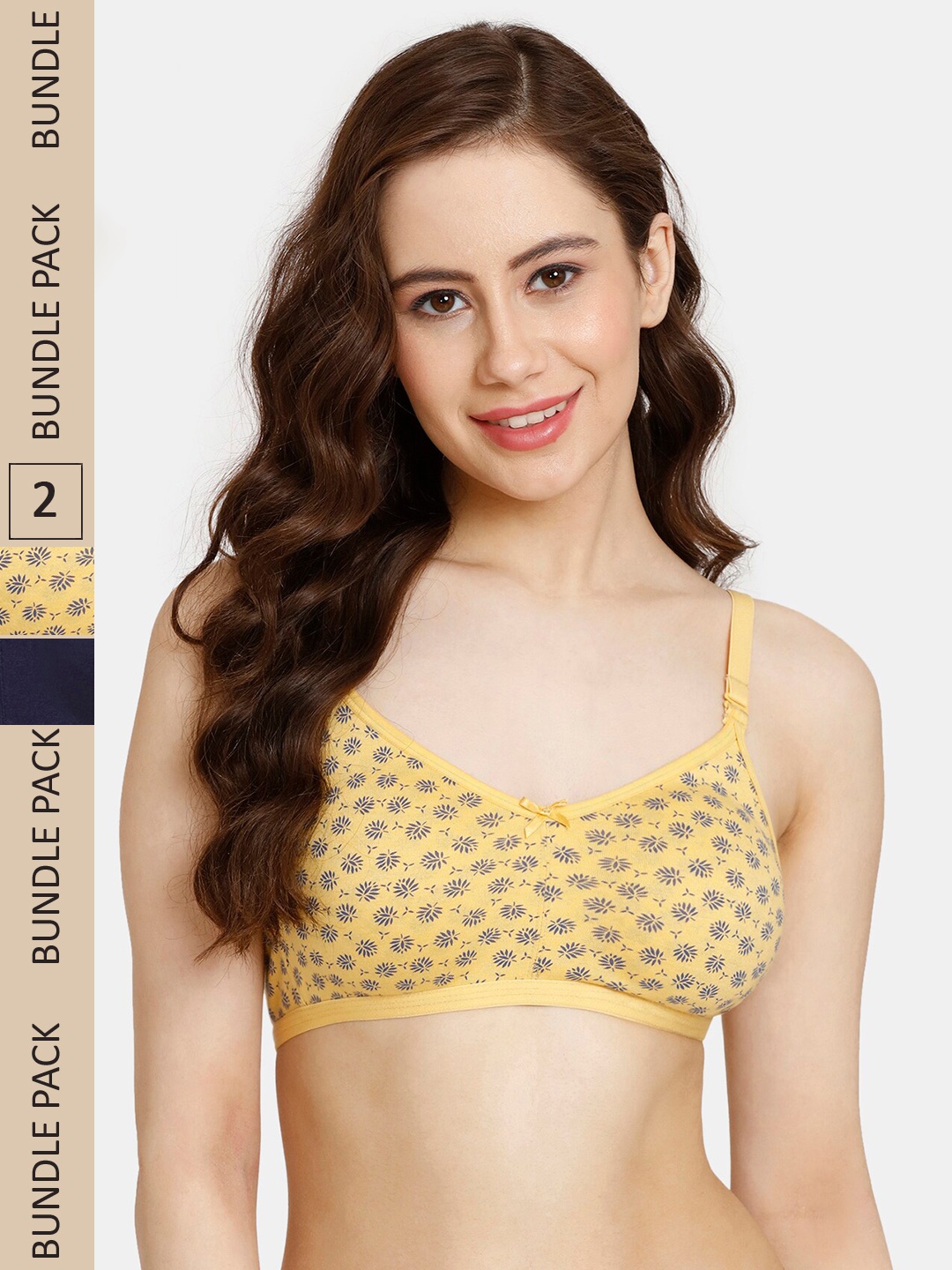 

Rosaline by Zivame Pack Of 2 Floral Printed Non Padded Non-Wired All Day Comfort Bra, Yellow
