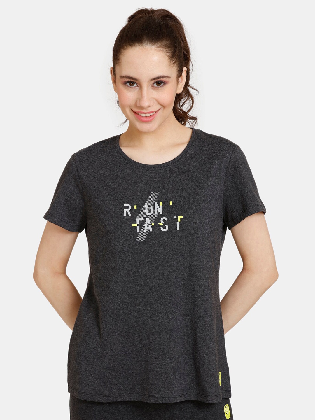 

Rosaline by Zivame Round Neck Typography Print T-Shirt, Charcoal