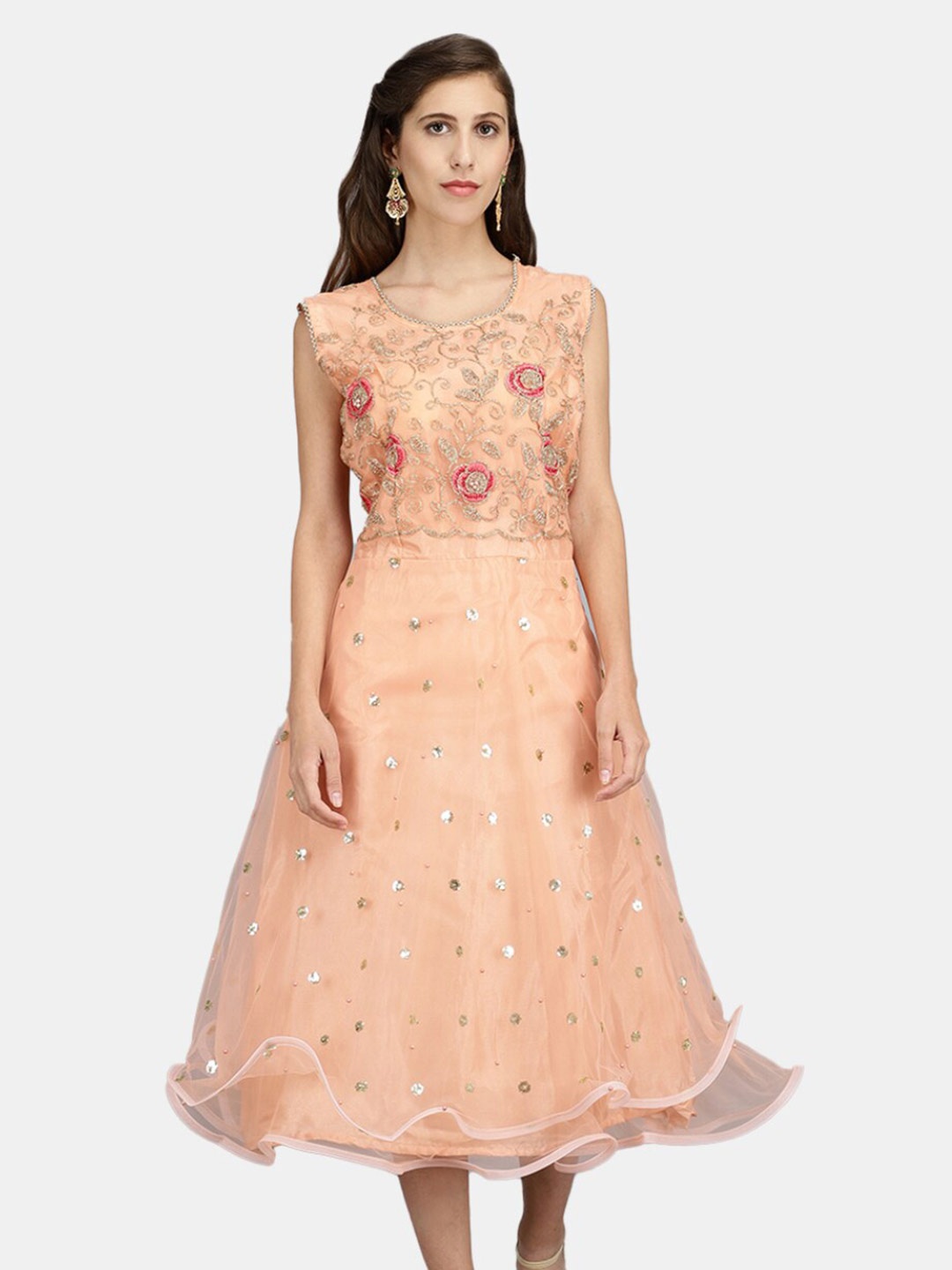 

V-Mart Round Neck Floral Embroidered A-Line Midi Ethnic Dress, Peach