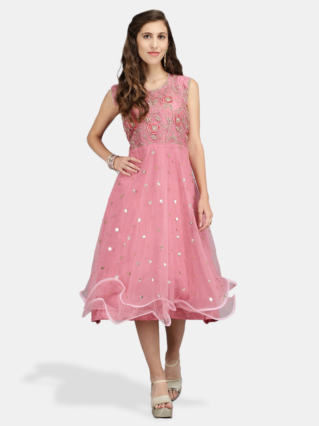 

V-Mart Round Neck Floral Embroidered Fit & Flare Ethnic Dress, Pink