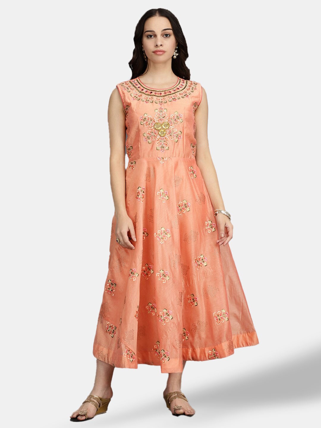 

V-Mart Round Neck Floral Embroidered A-Line Ethnic Dress, Peach