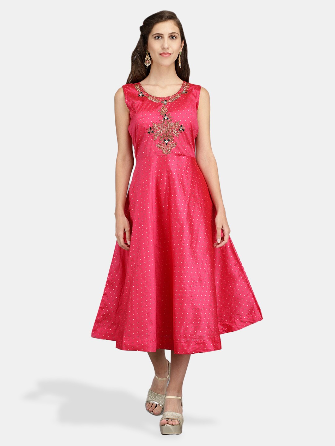 

V-Mart Round Neck Floral Embellished A-Line Midi Ethnic Dress, Fuchsia