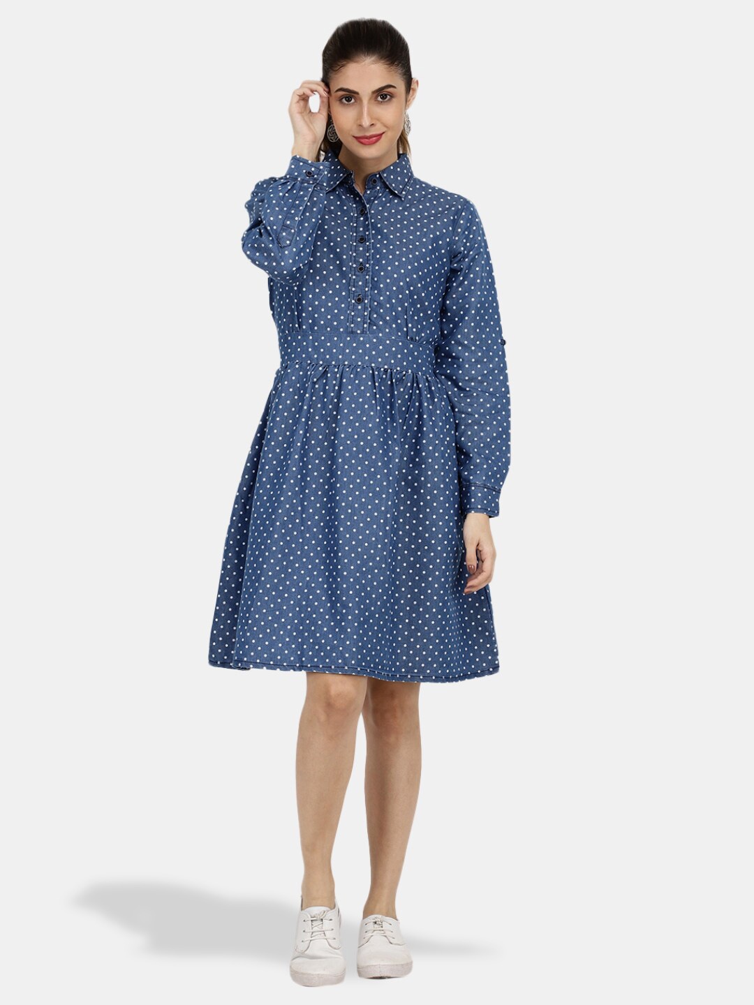 

V-Mart Shirt Collar Polka Dot Printed Cotton Denim A-Line Dress, Blue