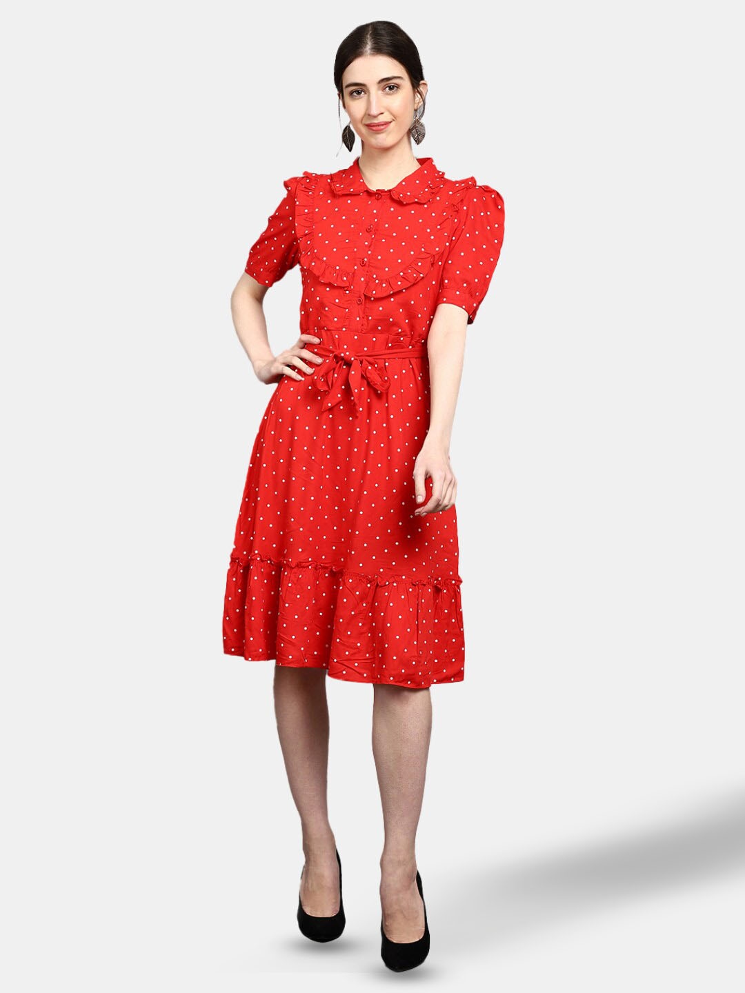 

V-Mart Shirt Collar Polka Dot Printed Jacquard A-Line Dress With Belt, Red