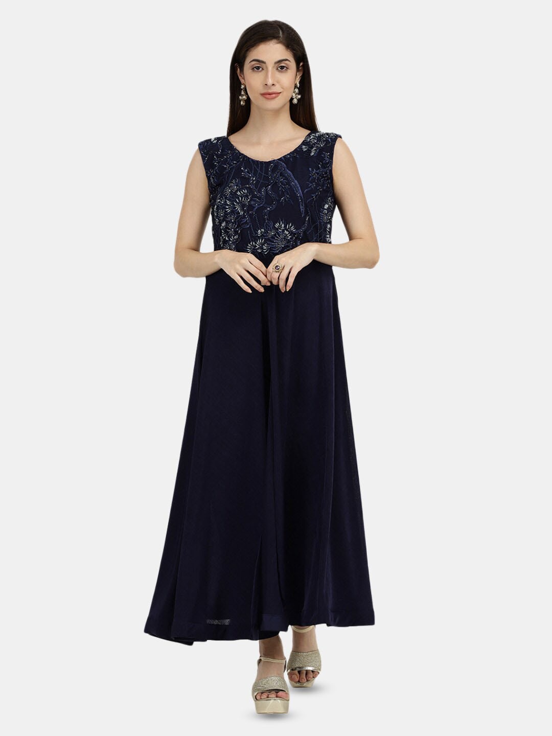

V-Mart Round Neck Embellished Maxi Ethnic Dress, Navy blue