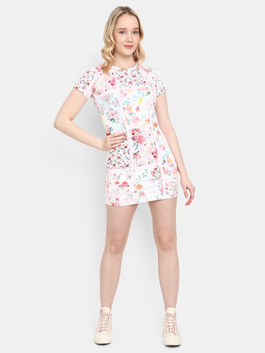 

V-Mart Round Neck Floral Printed Mini Cotton Bodycon Dress, White