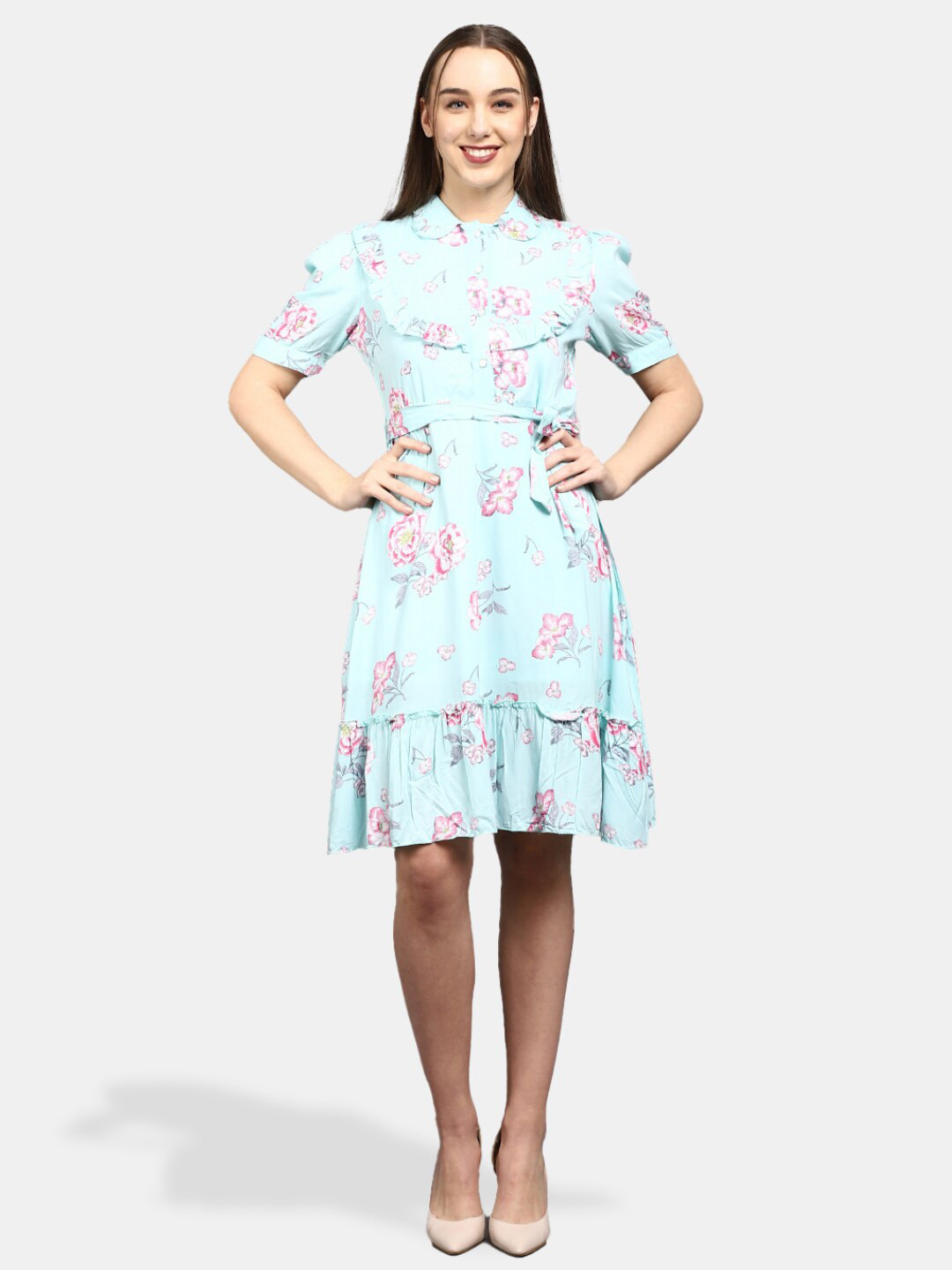 

V-Mart Shirt Collar Floral Printed Jacquard A-Line Dress With Belt, Blue