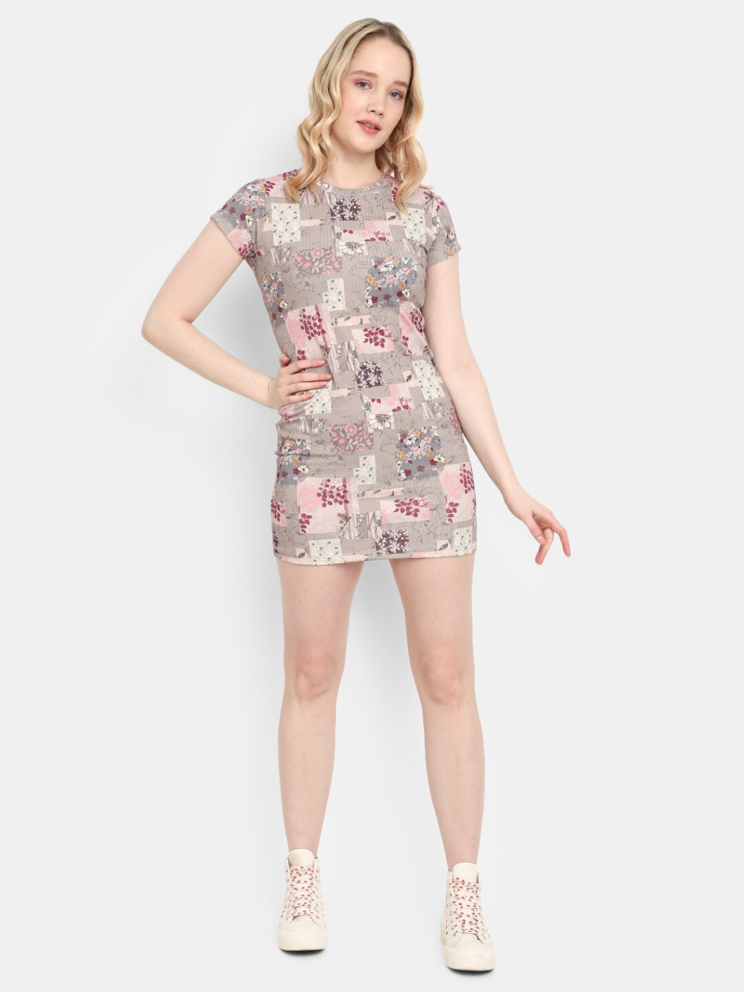 

V-Mart Round Neck Floral Printed Mini Cotton Bodycon Dress, Brown