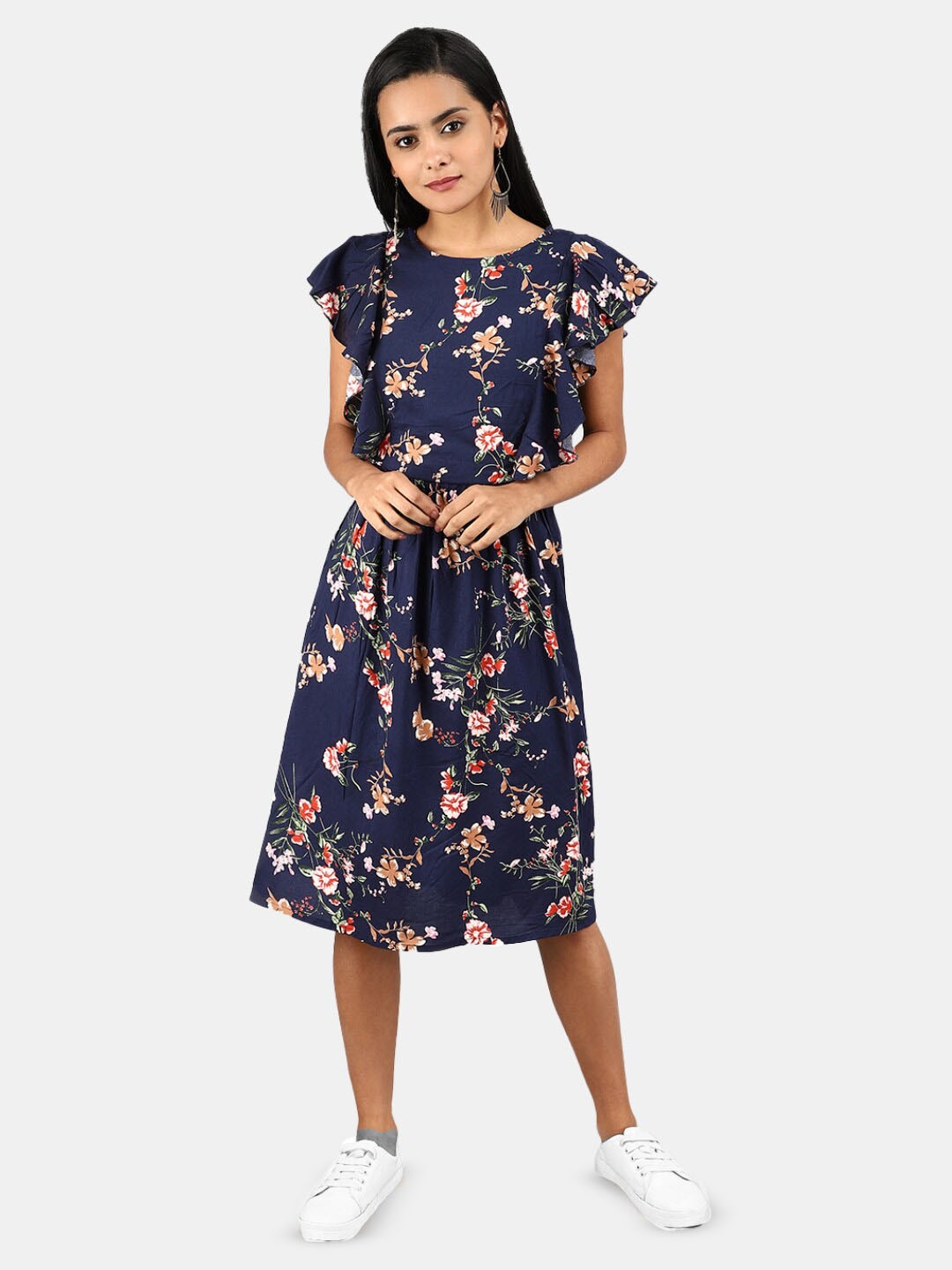 

V-Mart Round Neck Floral Printed Jacquard Fit & Flare Dress, Navy blue