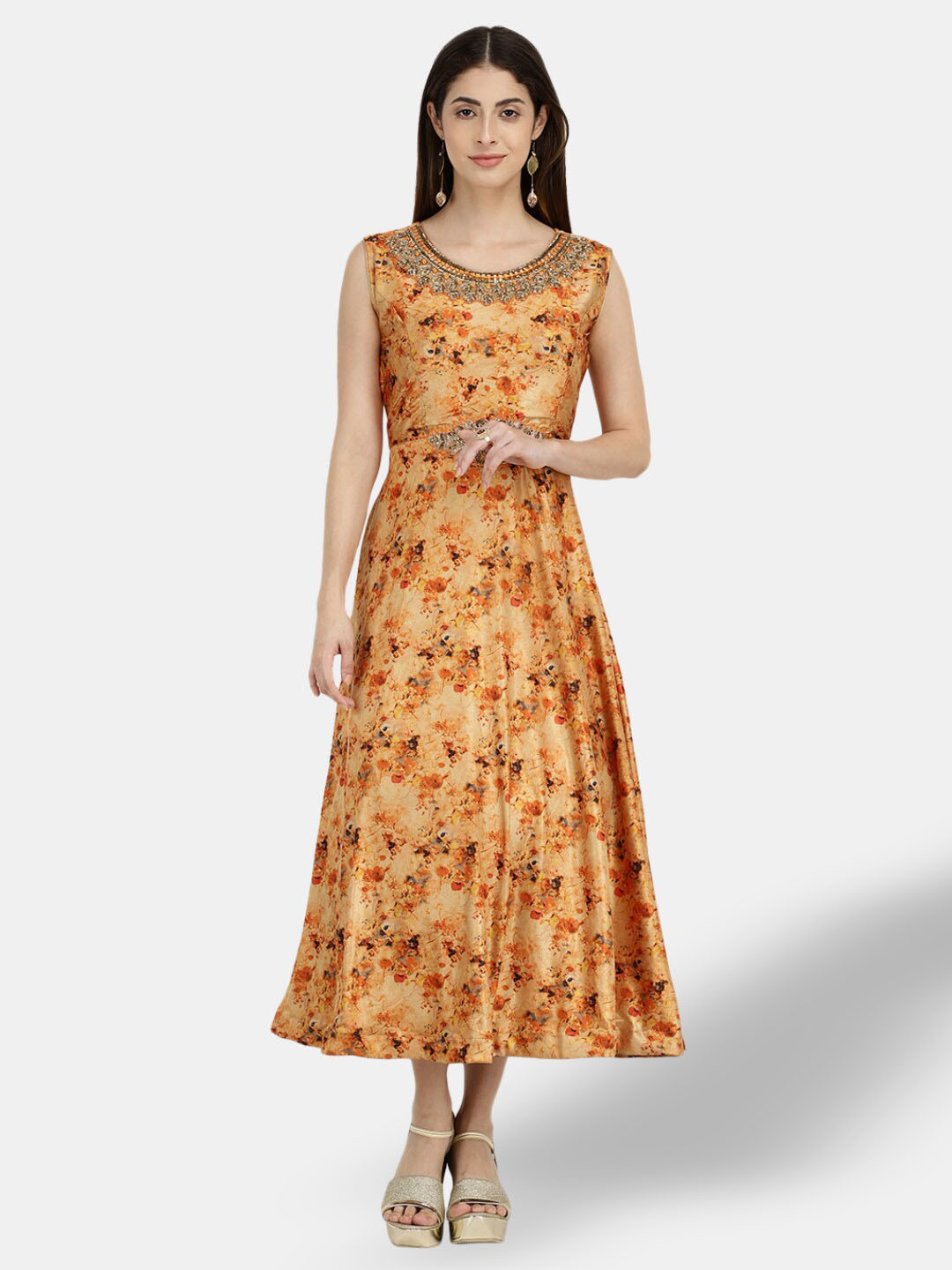

V-Mart Round Neck Abstract Printed Embellished Fit & Flare Midi Ethnic Dress, Orange