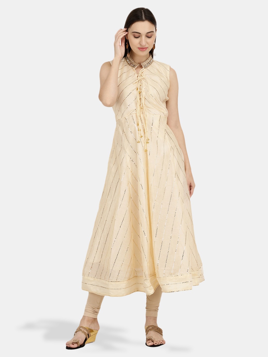 

V-Mart Mandarin Collar Foil Printed Tie Up Cotton A-Line Midi Ethnic Dress, Cream