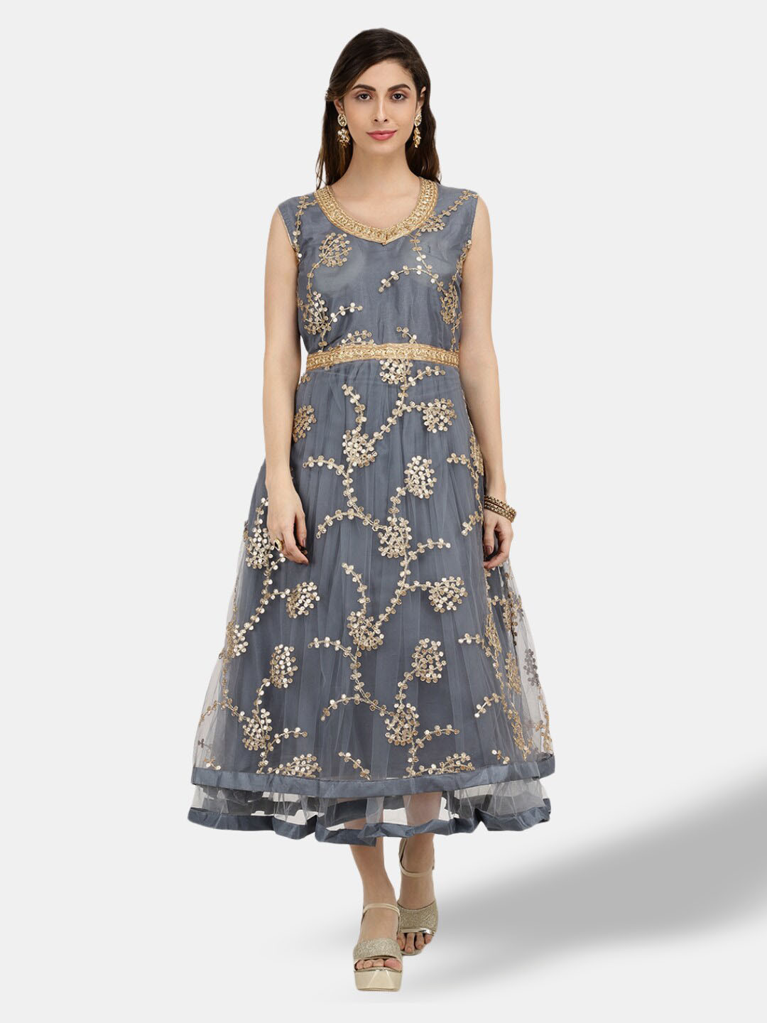 

V-Mart Round Neck Floral Embroidered A-Line Ethnic Dress, Grey