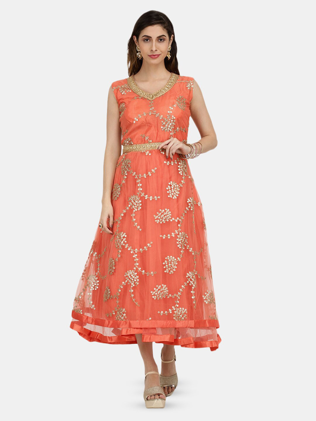 

V-Mart V-Neck Floral Embroidered A-Line Ethnic Dress, Orange