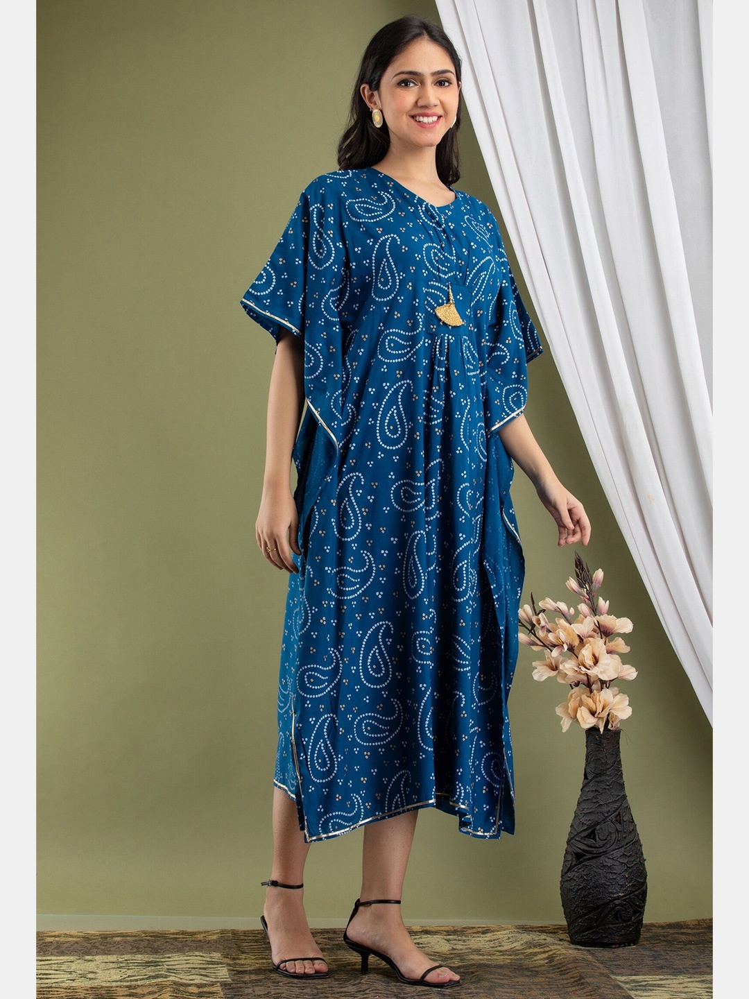 

Mialo fashion Bandhani Ethnic Printed Kaftan Dress, Blue