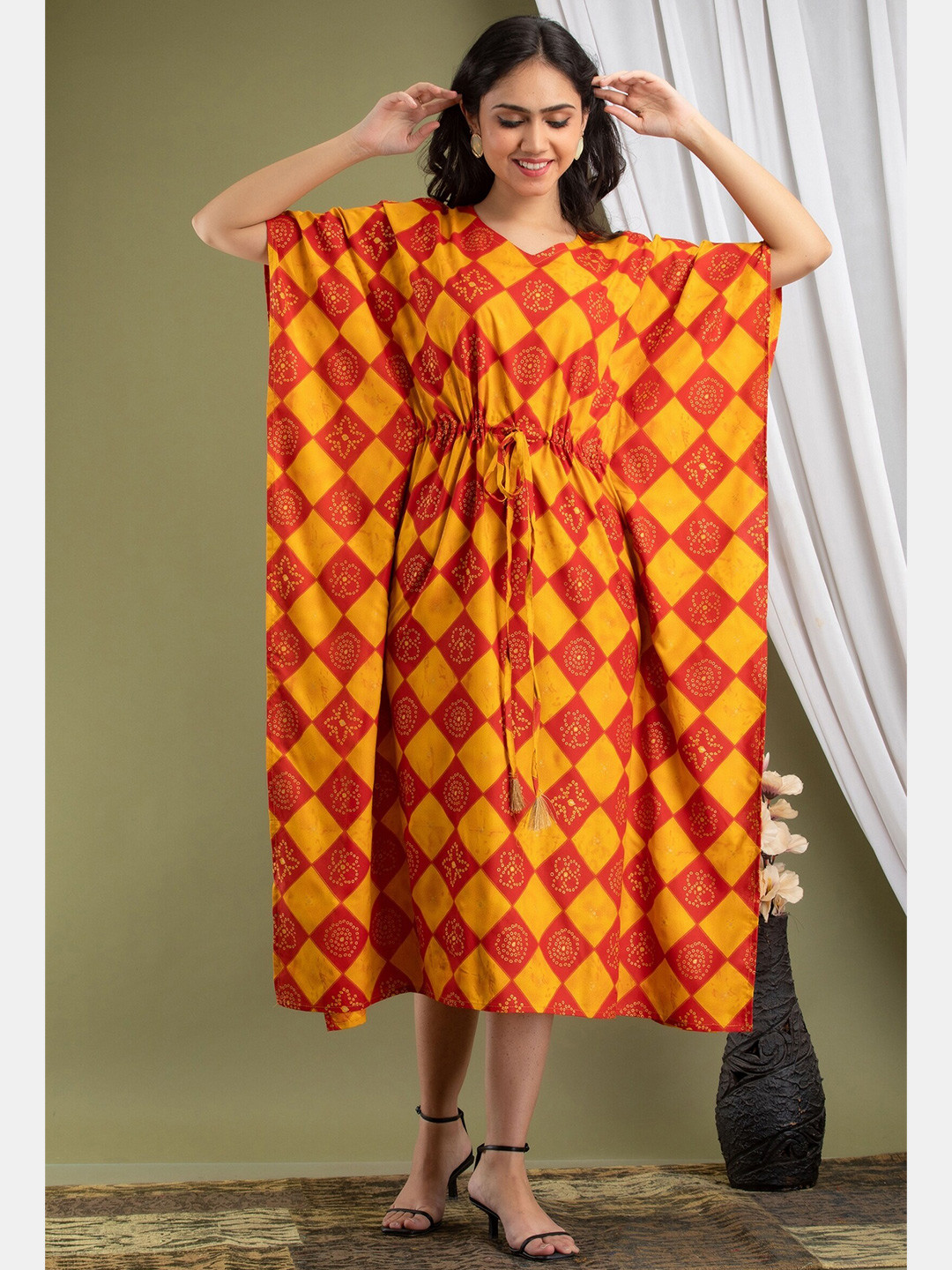 

Mialo fashion Bandhani Ethnic Printed Kimono Sleeve Kaftan Dress, Orange